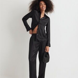 Madewell Satin Darted Button-Up Shirt – Black Silk-Look Blouse